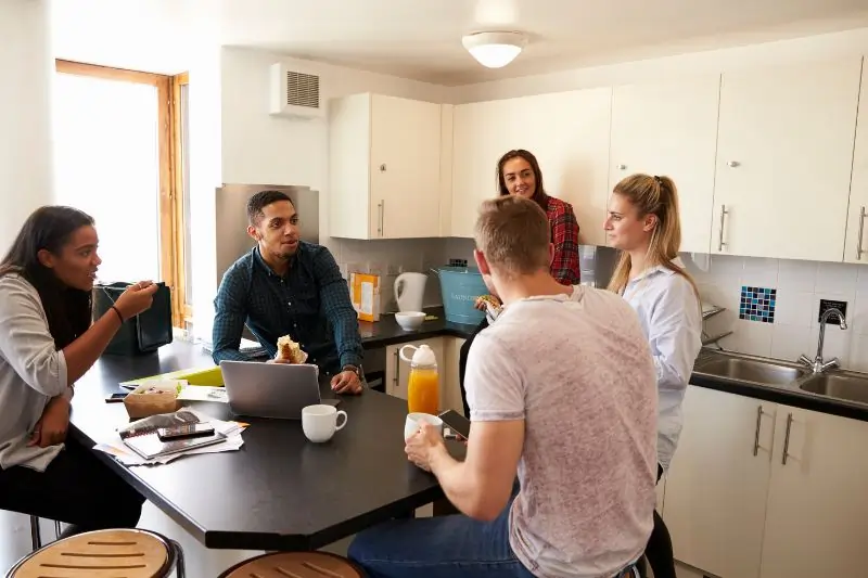 travel tips for first-time backpackers, Travellers Relaxing in Kitchen of Shared Accommodation